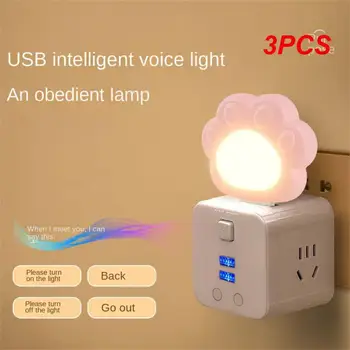 3PCS Usb מנורה קריקטורה חמודה שלושה צבעים נייד בהירות מנורת לילה בעיצוב הבית Led אור קריאה שליטה קולית מיני קטן