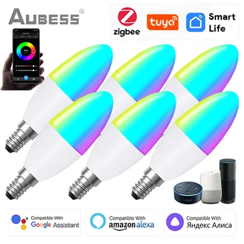 TUYA Zigbee חכם נורת E14 RGB+CCT 5W ניתן לעמעום אור LED מנורות Smartlife שליטה קולית עם אלקסה הבית של Google Yandex אליס