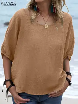 ZANZEA פנאי צוואר עגול חולצות מזדמנים רופף חצי שרוול חולצות נשים 2023 חופשת הקיץ נמכר צבע בציר Oversize Blusas