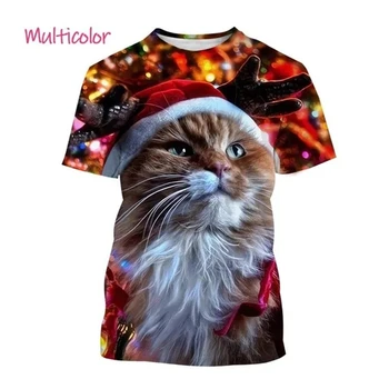 חג המולד חולצת טי חתול חמוד 3D מודפס חולצת טי לגברים נשים Chilren שרוול קצר מזדמנים צמרות Tees אופנת רחוב יוניסקס אופנתי חולצת טי