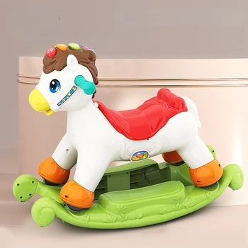 סוס נדנדה של ילדים קטנים סוס עץ מוסיקה לוגו שני-in-one Drop-עמיד צעצועים לתינוק בן שנה, מתנת יום הולדת