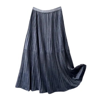 סתיו חורף משובח קטיפה ארוך חצאית נשים 2023 חדש אופנה חצאית עבה הגברת גבוהה המותניים קו חצאית שחורה בז ' GrayFemale