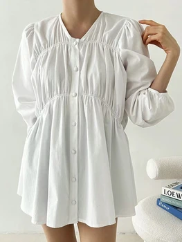 קוריאה שיק לבן V-צוואר יחיד עם חזה פאף שרוול רופף החולצה מזדמנים באיכות גבוהה שיפון חולצה סתיו חורף 2023 חדש X427